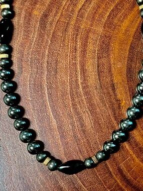 Elegant Black Beaded Women's Long Necklace with Gold Accents